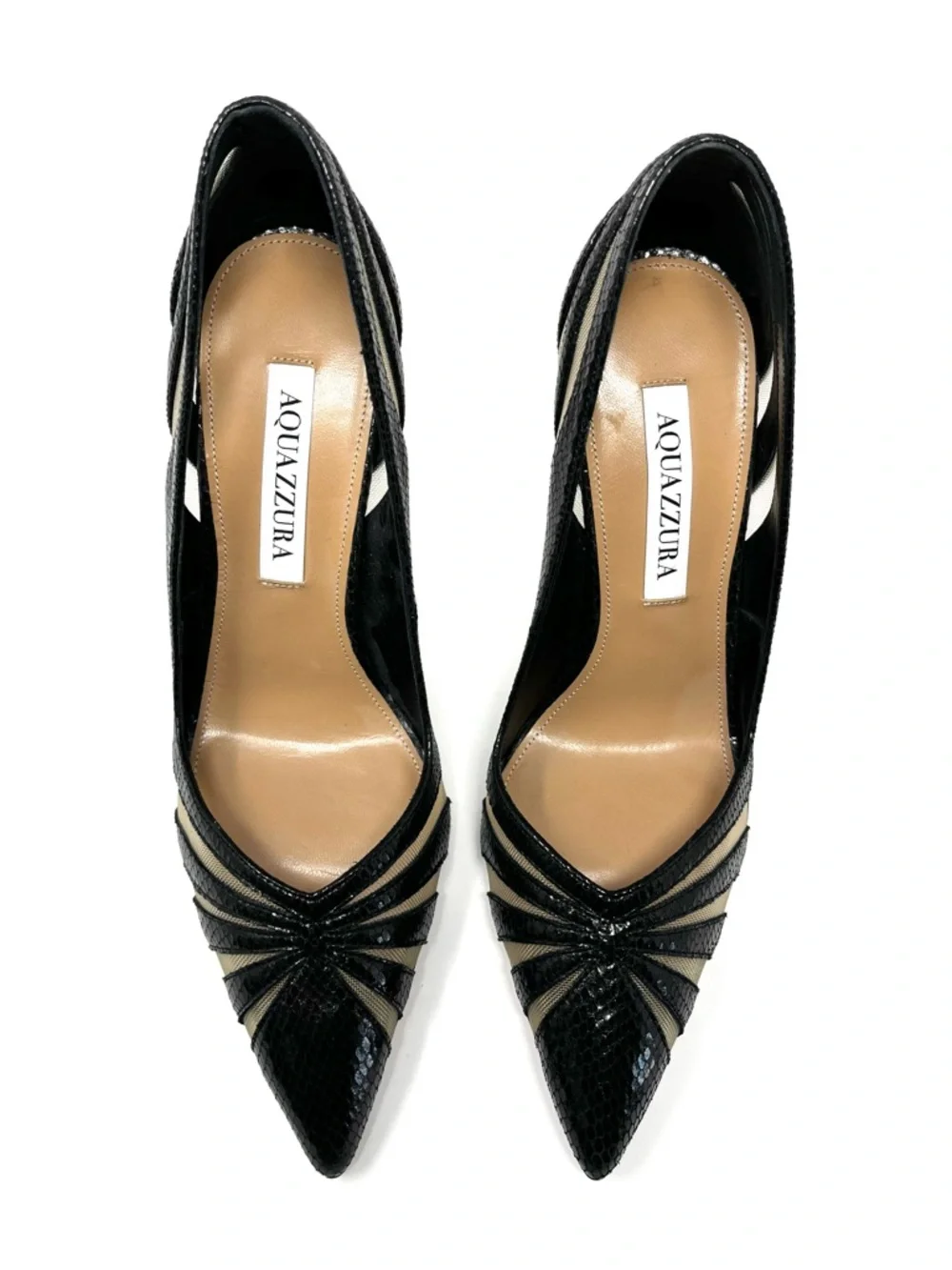 NEW Aquazzura The Spy Pump Black Pointed Toe Snakeskin High Heels Pumps 37.5 7.5